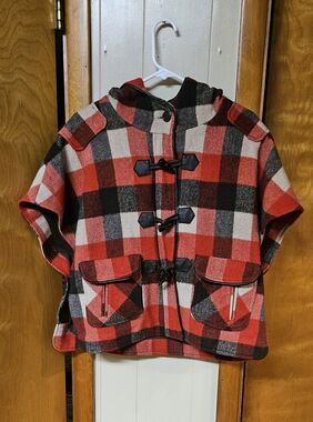 Flying Monkey Red Buffalo Plaid Hooded Toggle Vest 5% Wool